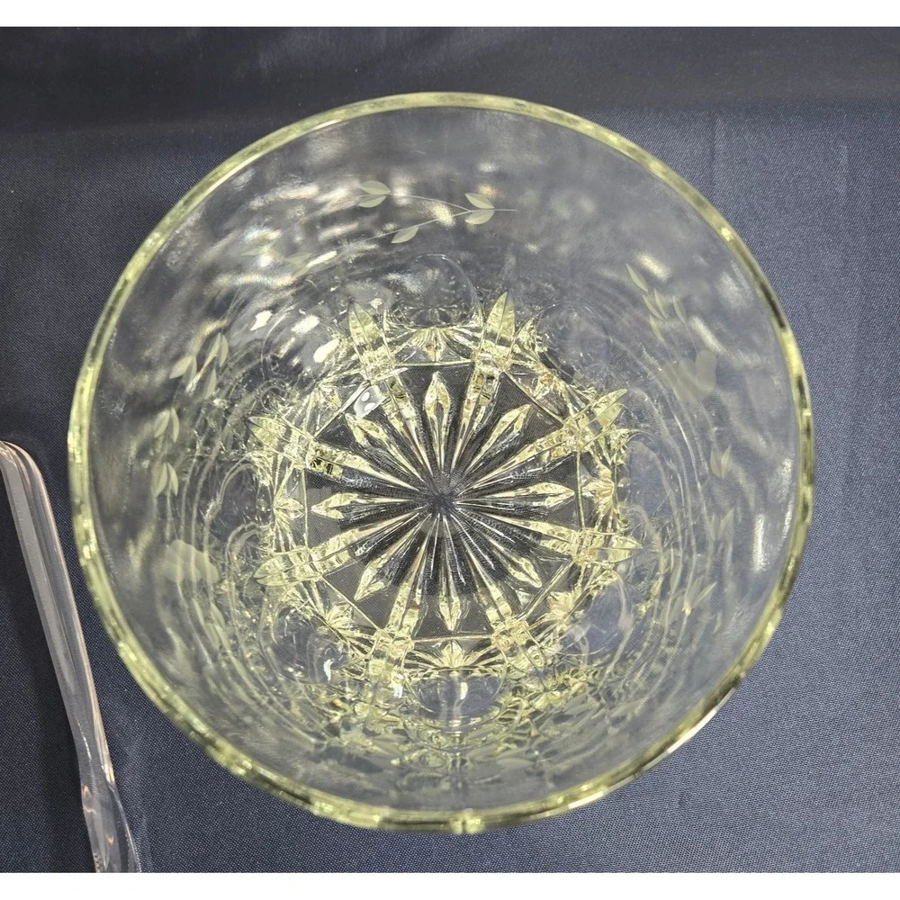 1980's Princess House Heritage Etched Crystal Glass Ice Bucket w/Spork Tongs